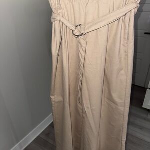 Beige Wide-Leg Belted Pants